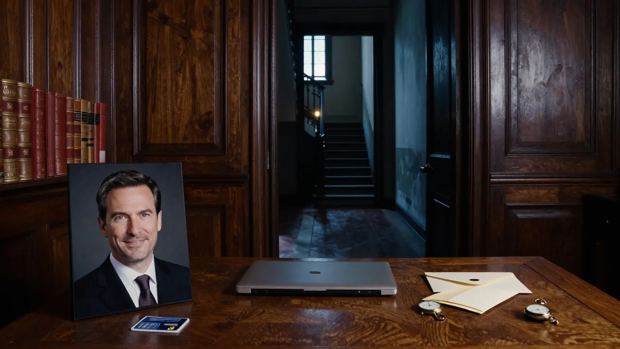 A discreet office in a historic Brera palazzo with a single headshot and keycard on a desk.