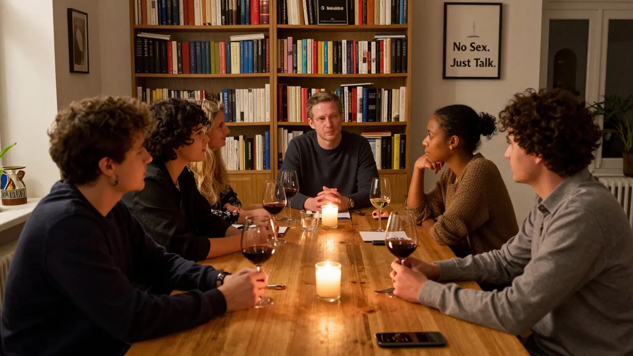 A diverse group of people sharing wine and conversation at a quiet dinner meetup in a cozy Berlin living room.
