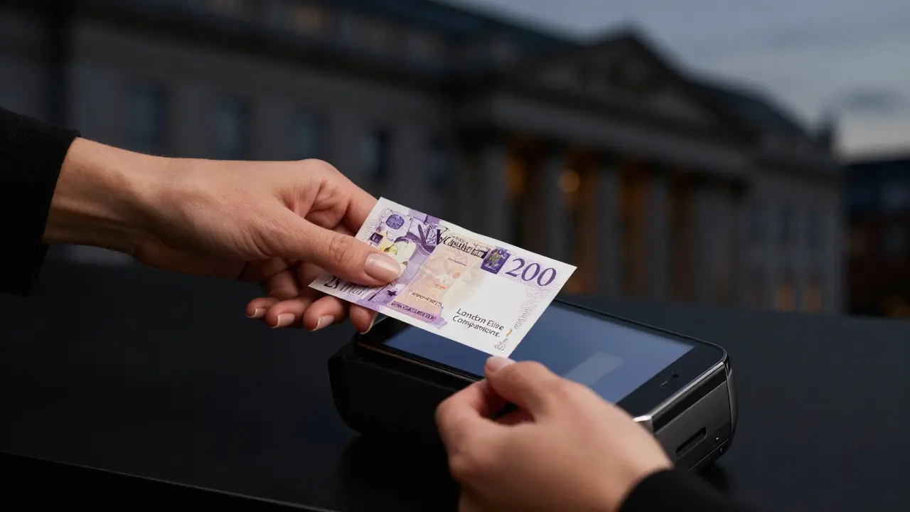 A hand placing payment into a digital terminal with a verified agency business card nearby.