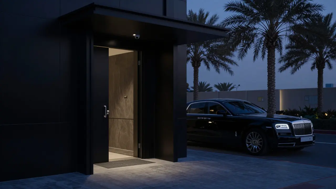 A hidden entrance to an elite concierge agency in Palm Jumeirah, no signage, under twilight.