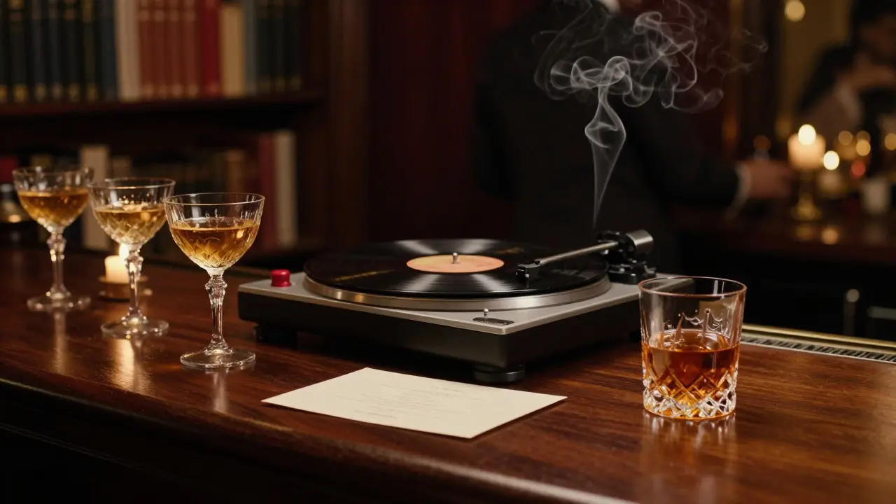 A hidden speakeasy bar with vintage cocktails, candlelight, and a spinning vinyl record, no phones or people visible.