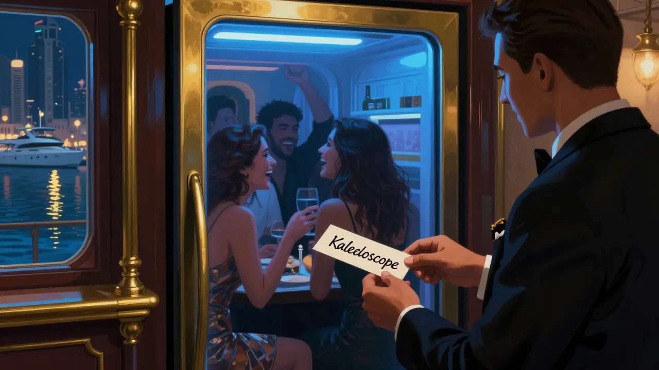 A hidden speakeasy behind a fridge door in Dubai Marina, with guests inside illuminated by blue neon light.