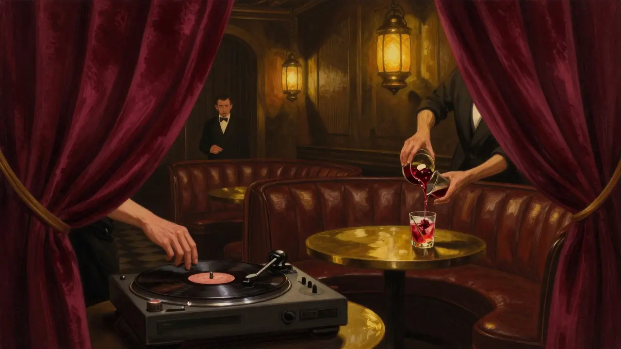 A hidden speakeasy with velvet curtains, low lighting, and bartenders mixing craft drinks.