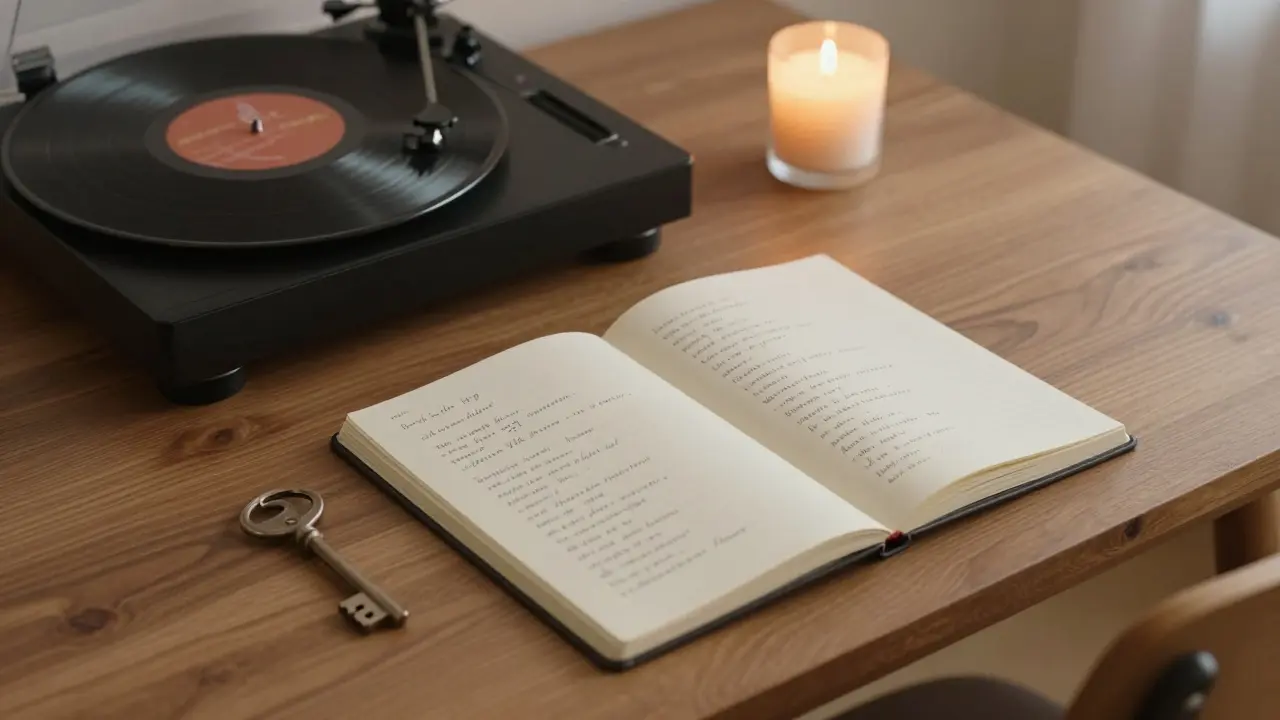 A key and handwritten poetry on a table with a jazz record playing, symbolizing privacy and artistic depth.