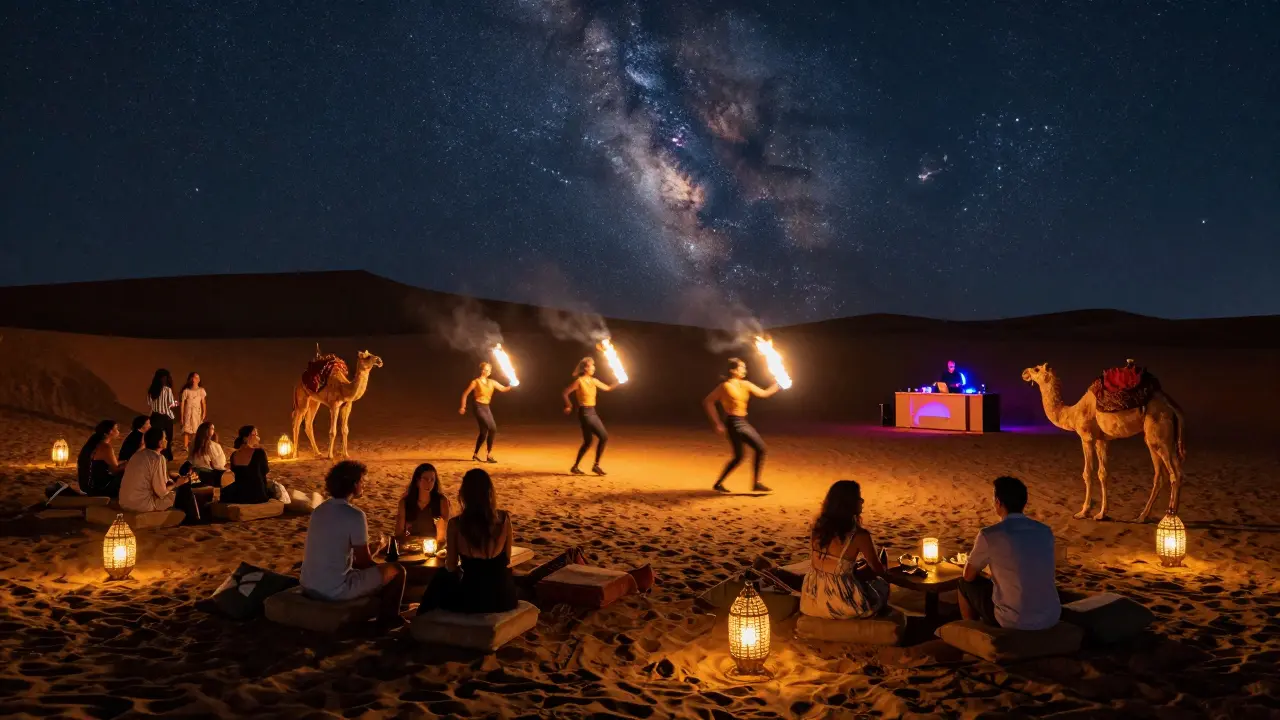 A magical desert party under the stars with fire dancers and lantern-lit cocktail tables.