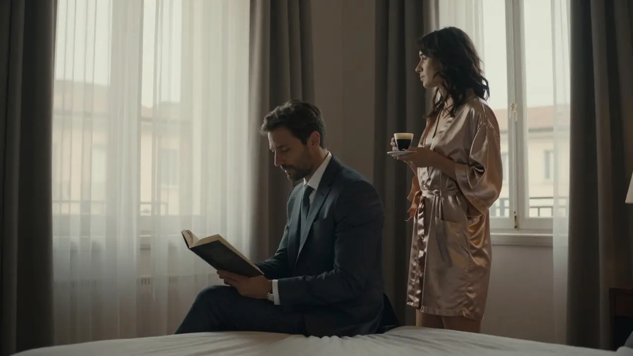 A man and woman in a hotel room, sharing a peaceful morning moment with coffee and a book.