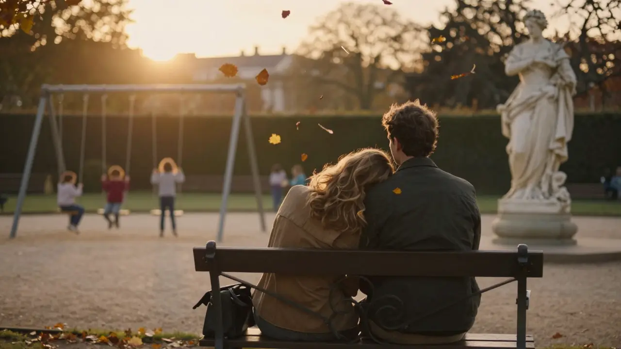 A man and woman share a peaceful moment on a garden bench in Luxembourg Gardens at sunset.