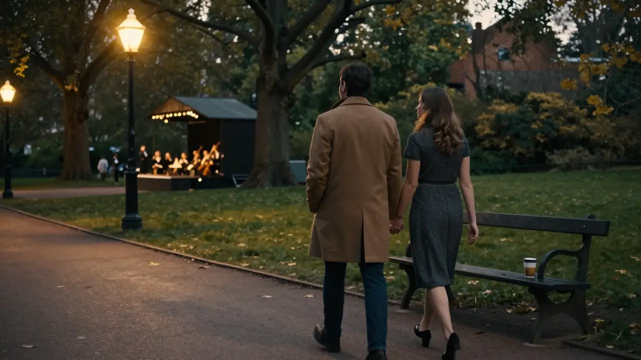 A man and woman walk quietly together in Hyde Park at dusk, bathed in golden streetlamp light.