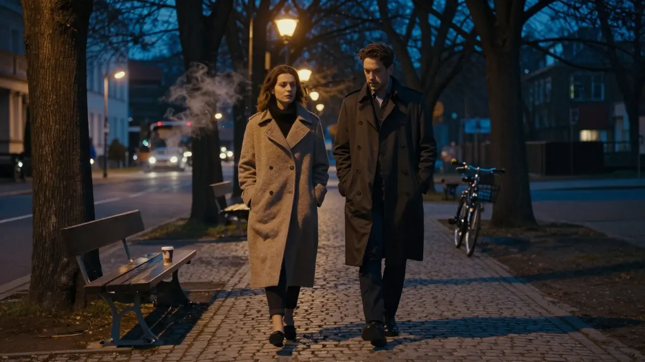 A man and woman walk side by side at night through a quiet Berlin park path, no physical contact, only companionship.