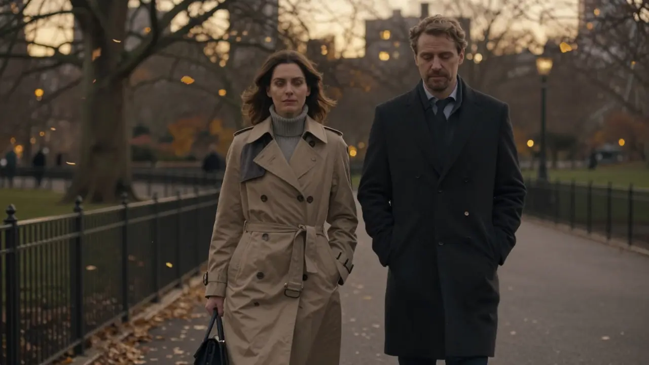 A man and woman walking peacefully through Hyde Park at dusk, autumn leaves falling around them.