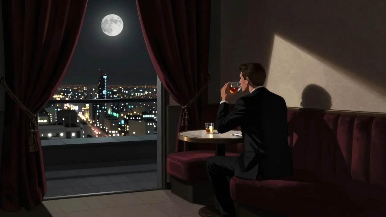 A mysterious figure in a dark suit at a rooftop bar overlooking Abu Dhabi's glittering city lights at night.