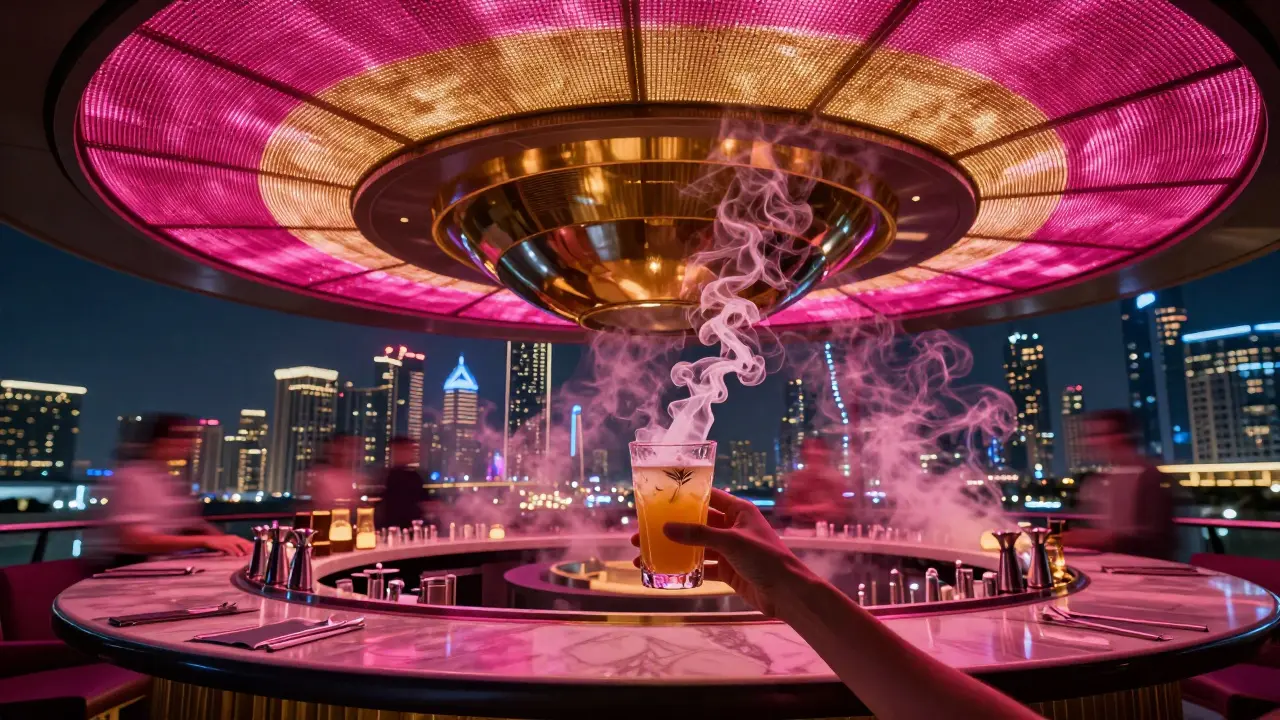 A person holds a smoky cocktail under a pulsing LED ceiling with Dubai’s skyline spinning behind.