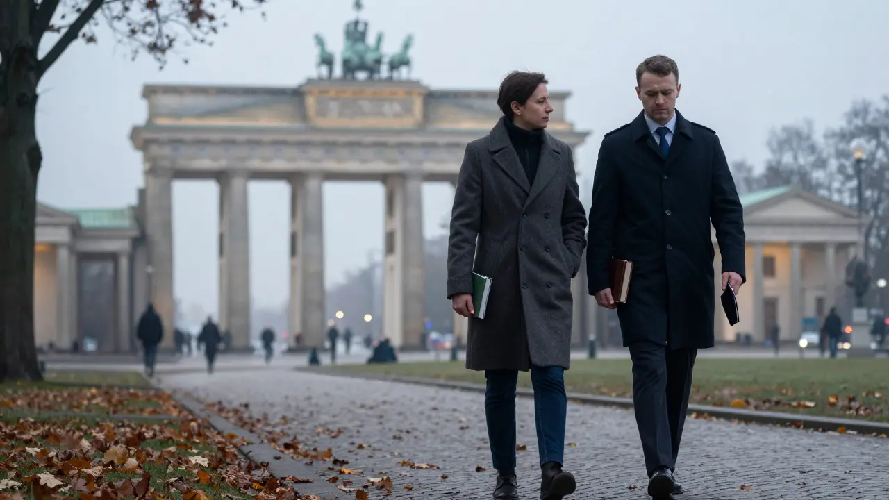 A person walking calmly through Tiergarten at dawn, holding a journal, with the Brandenburg Gate in the distance.