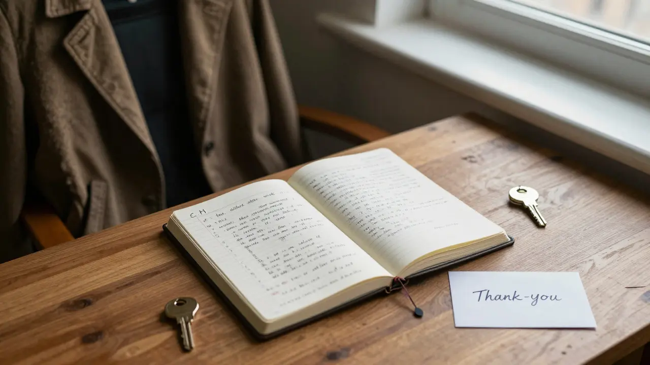 A personal journal with coded client notes and a handwritten thank-you card on a wooden desk.