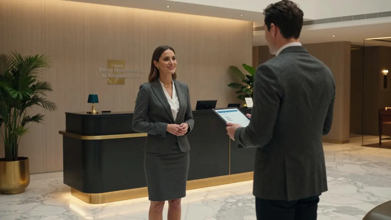 A professional escort meeting a client in a luxury hotel lobby, conveying discretion and trust.