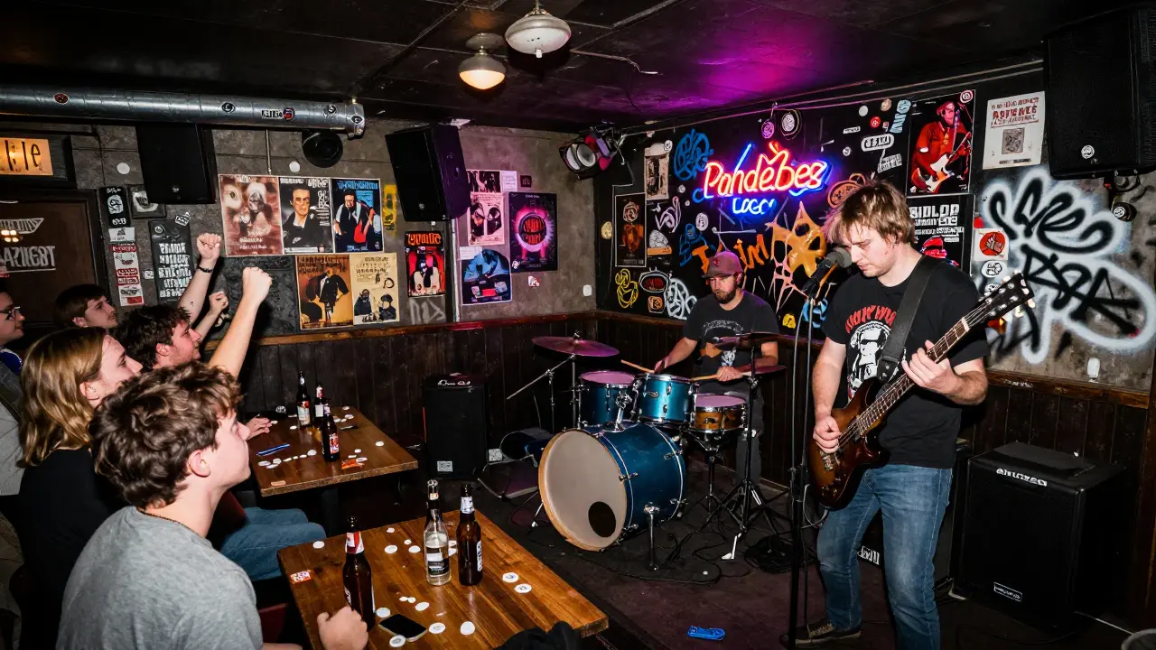 A rock band playing in a gritty bar with sticker-covered walls, crowd raising fists to the music.