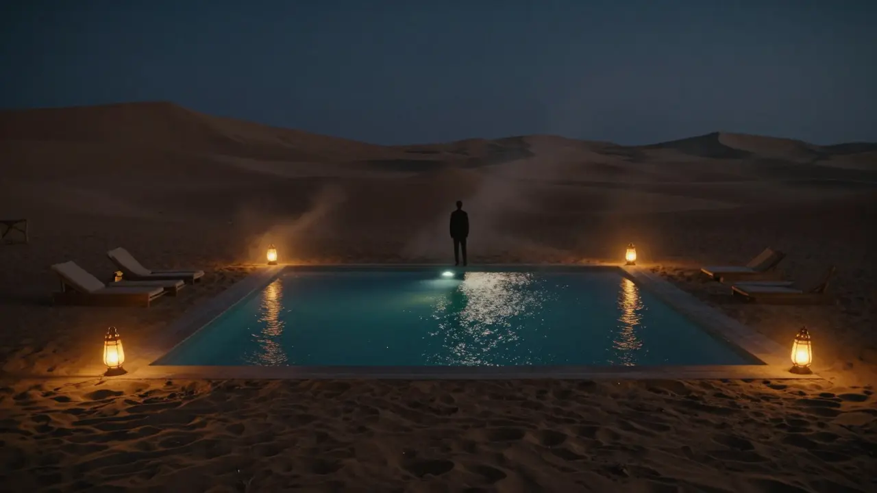 A silhouette stands at the edge of a starlit desert pool, framed by warm lanterns and dark dunes.