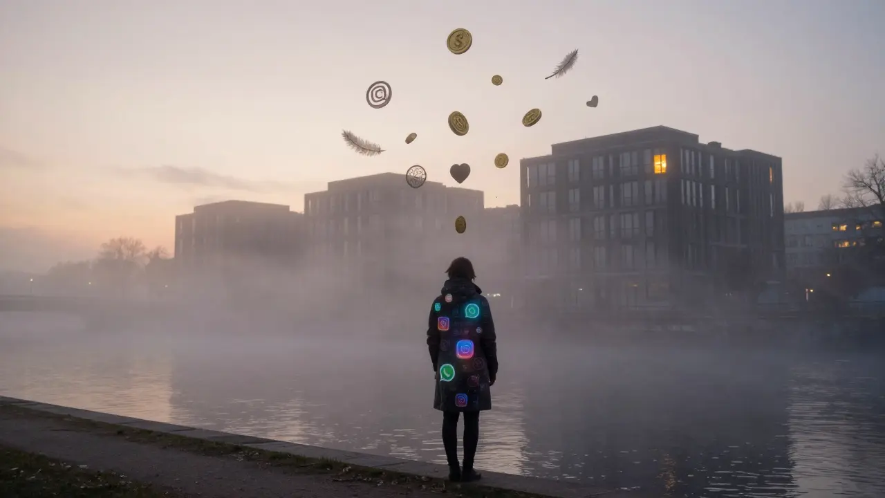 A solitary figure at dawn by the Spree River, digital icons fading into fog, with a glowing apartment window behind.