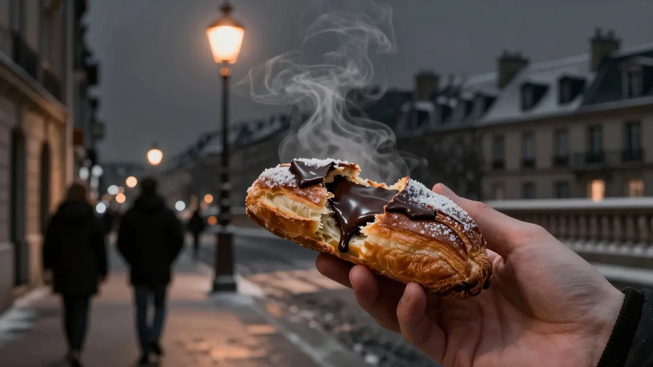 A warm pain au chocolat being broken open, chocolate oozing out, under a Paris streetlamp at night.