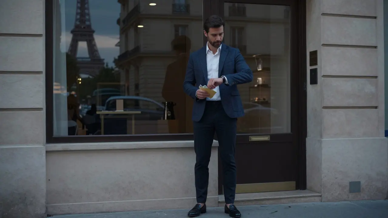 A well-dressed man waiting punctually outside an apartment building in Paris.