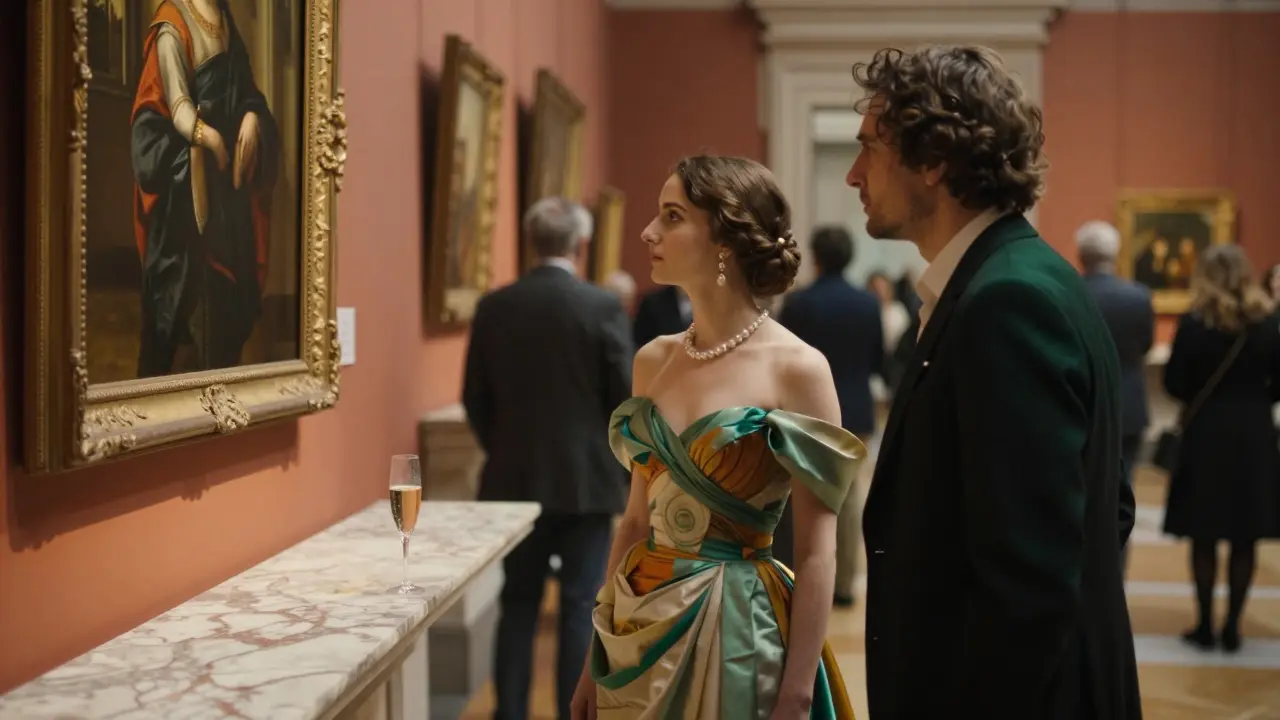 A woman and man sharing a quiet moment admiring art in a private gallery viewing.