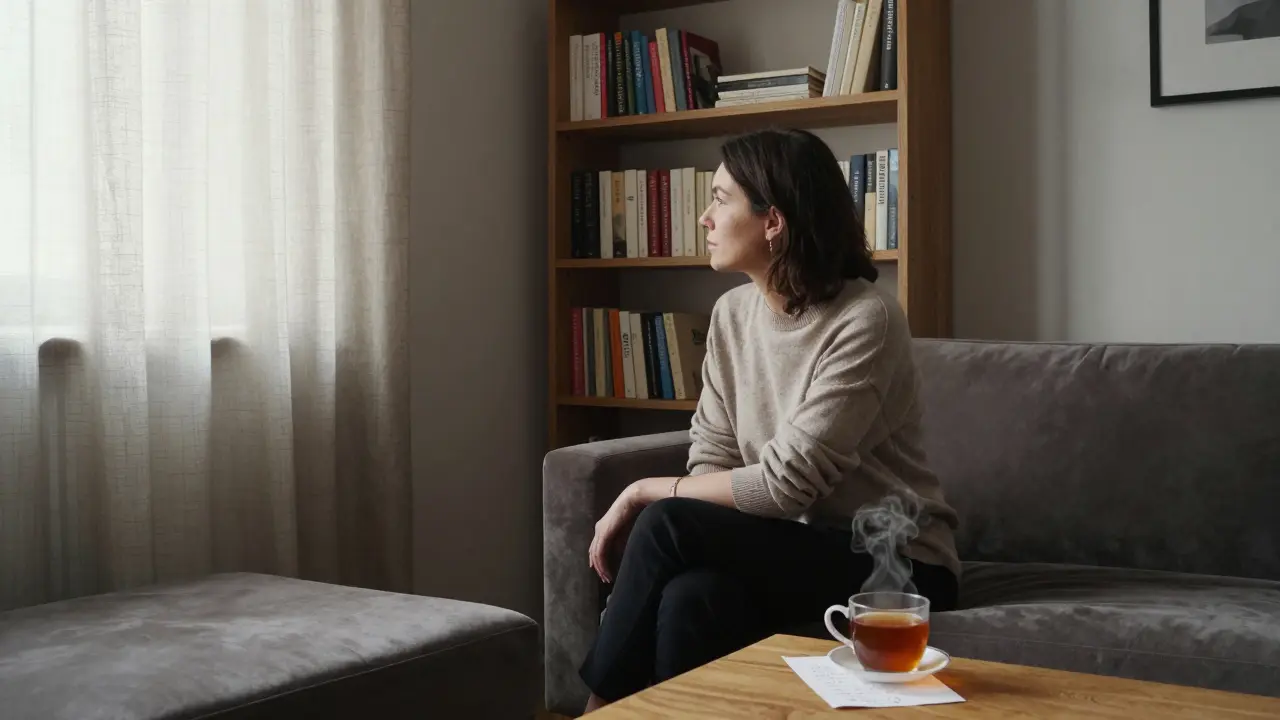 A woman sits quietly on a velvet sofa in a well-lit Berlin apartment, surrounded by books and natural light.