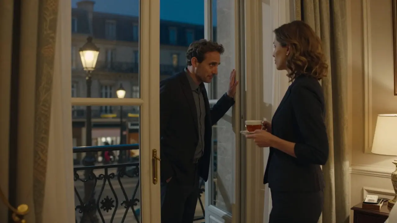 A woman watching a client leave quietly from a hotel room window at night.