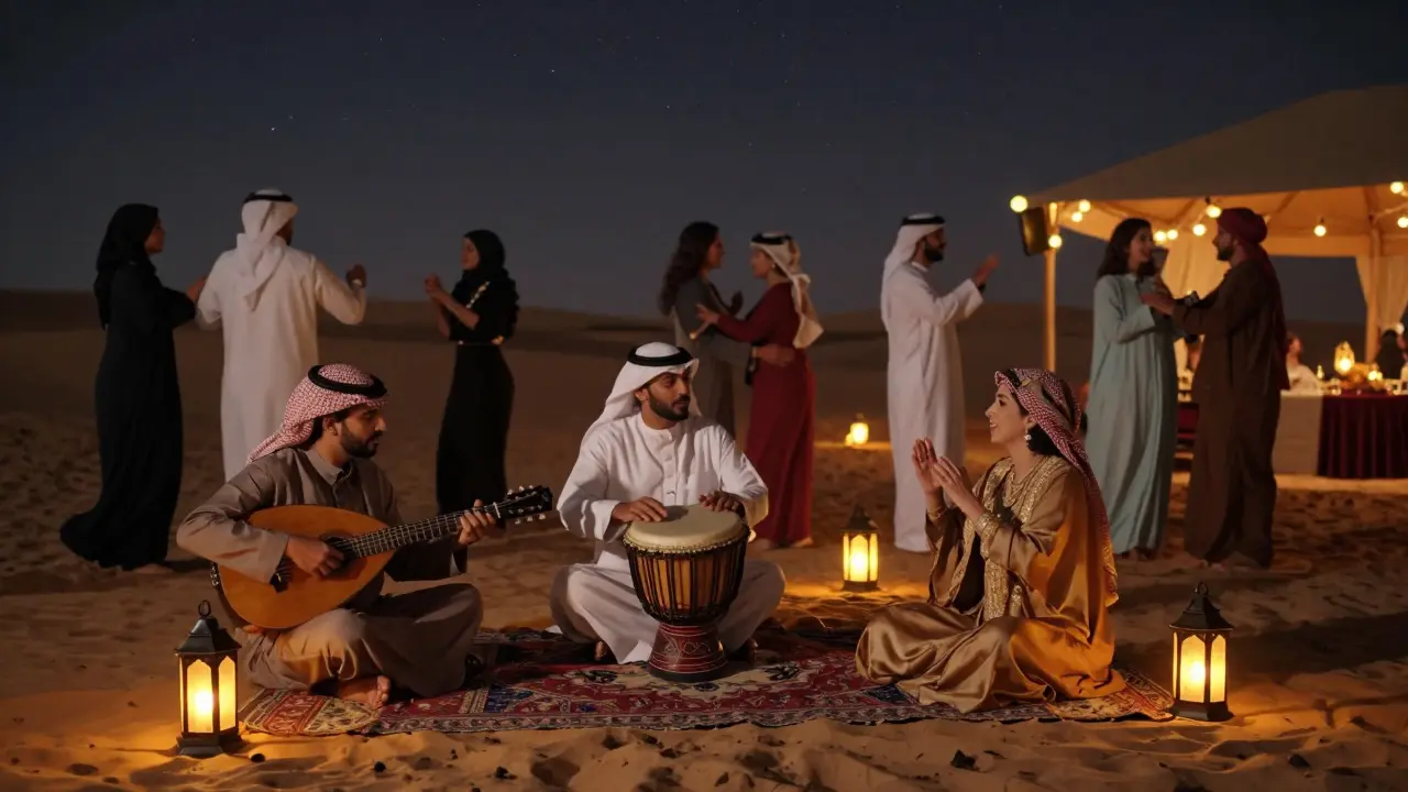 An Arabic fusion ensemble performing under stars at Yas Island, people dancing together in warm lantern light.