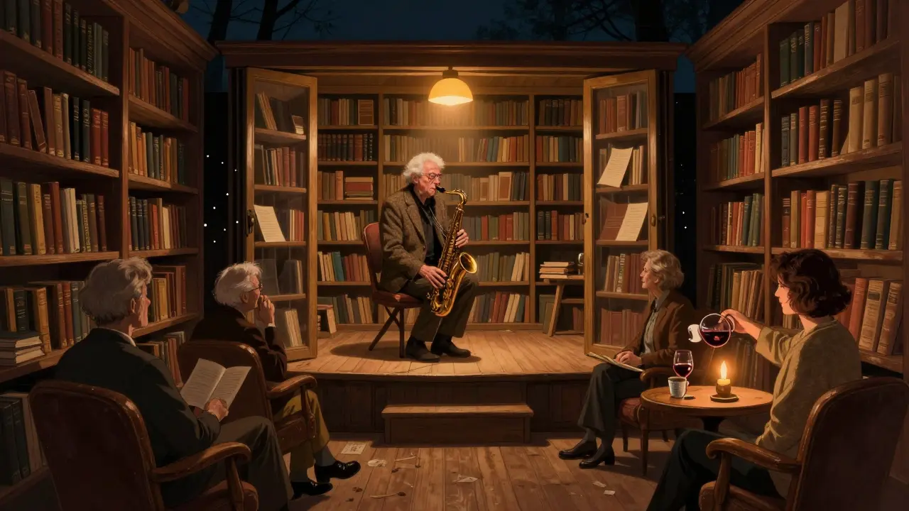 An elderly saxophonist playing jazz in a hidden bookshop turned intimate nightclub.