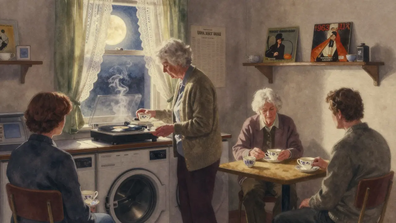 An elderly woman serving tea to quiet guests in a cozy flat at 3 a.m., vinyl record spinning softly in the background.