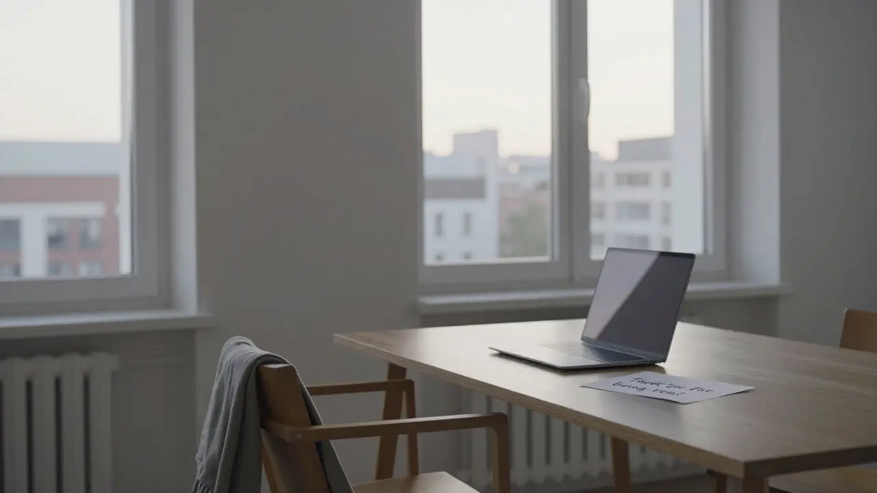 An empty studio apartment with a folded scarf and handwritten note, conveying quiet dignity and departure.