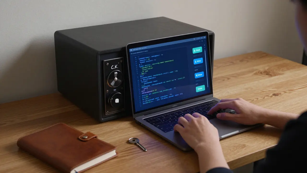 An encrypted laptop and coded notebook on a wooden desk, representing discreet client connections.