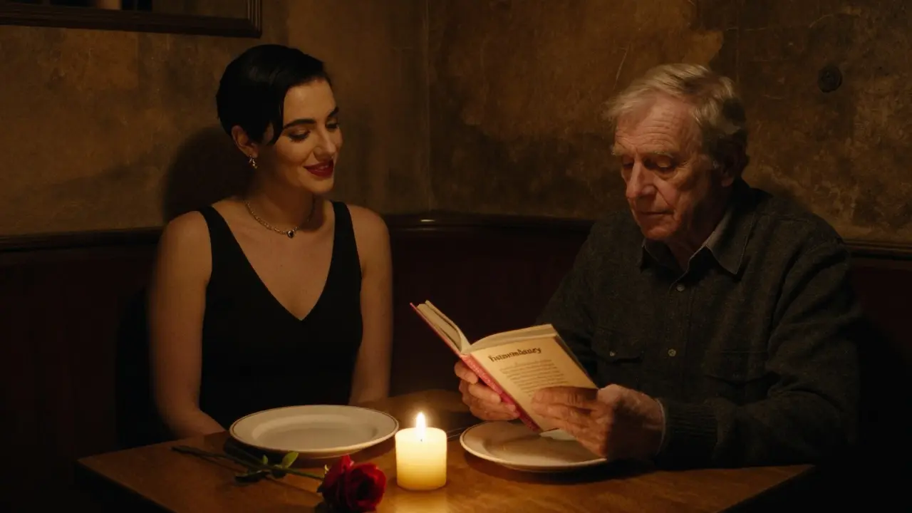 An escort and an elderly client reading poetry together in a dimly lit basement restaurant.