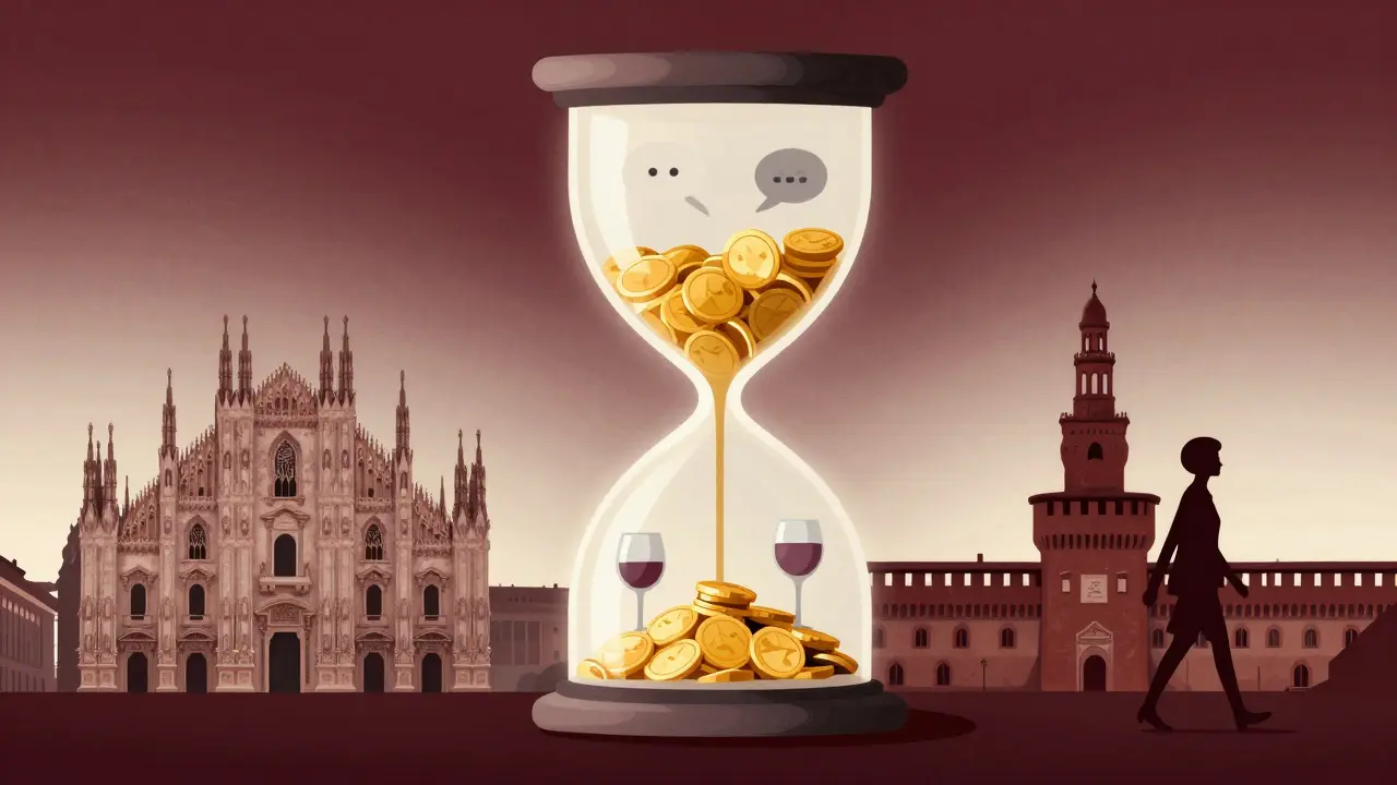 An hourglass symbolizes companionship over sex, floating above Milan's skyline.