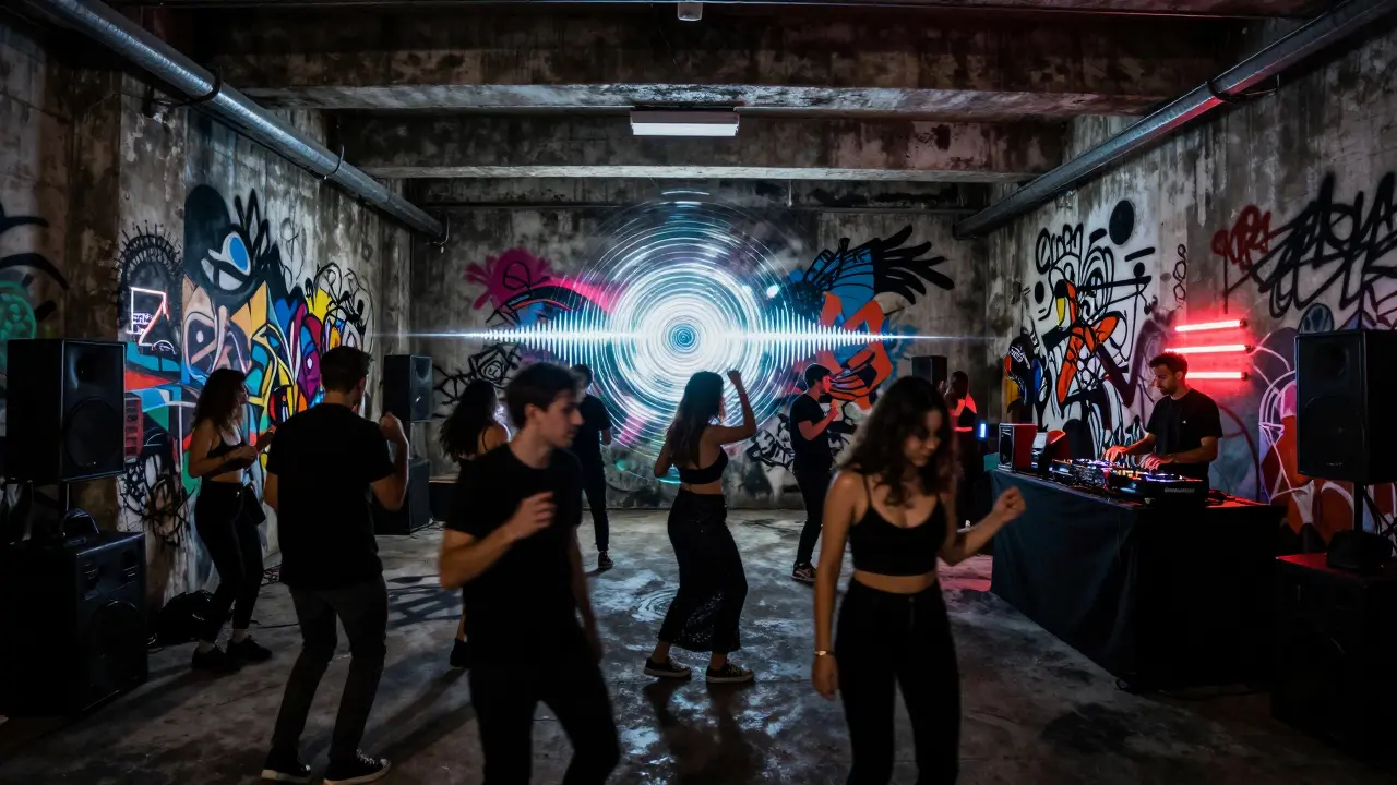 An underground warehouse party with black lights, neon art, and a diverse crowd dancing.