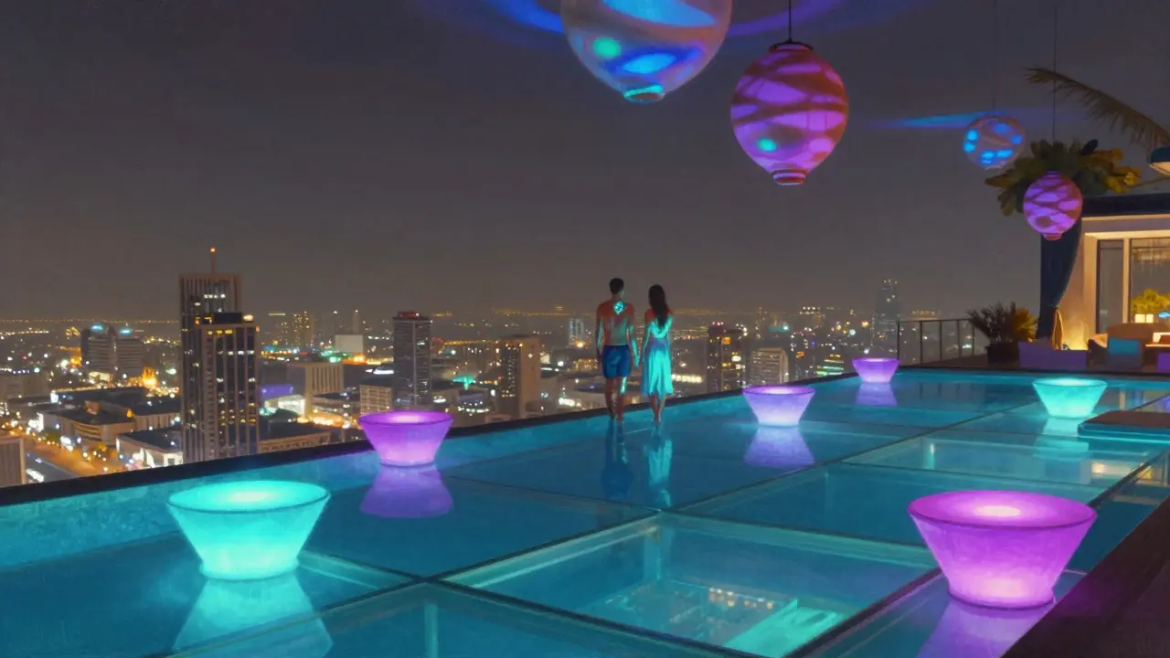 Couple at edge of infinity pool seeming to blend with Dubai's skyline, colorful LED lights pulsing below.