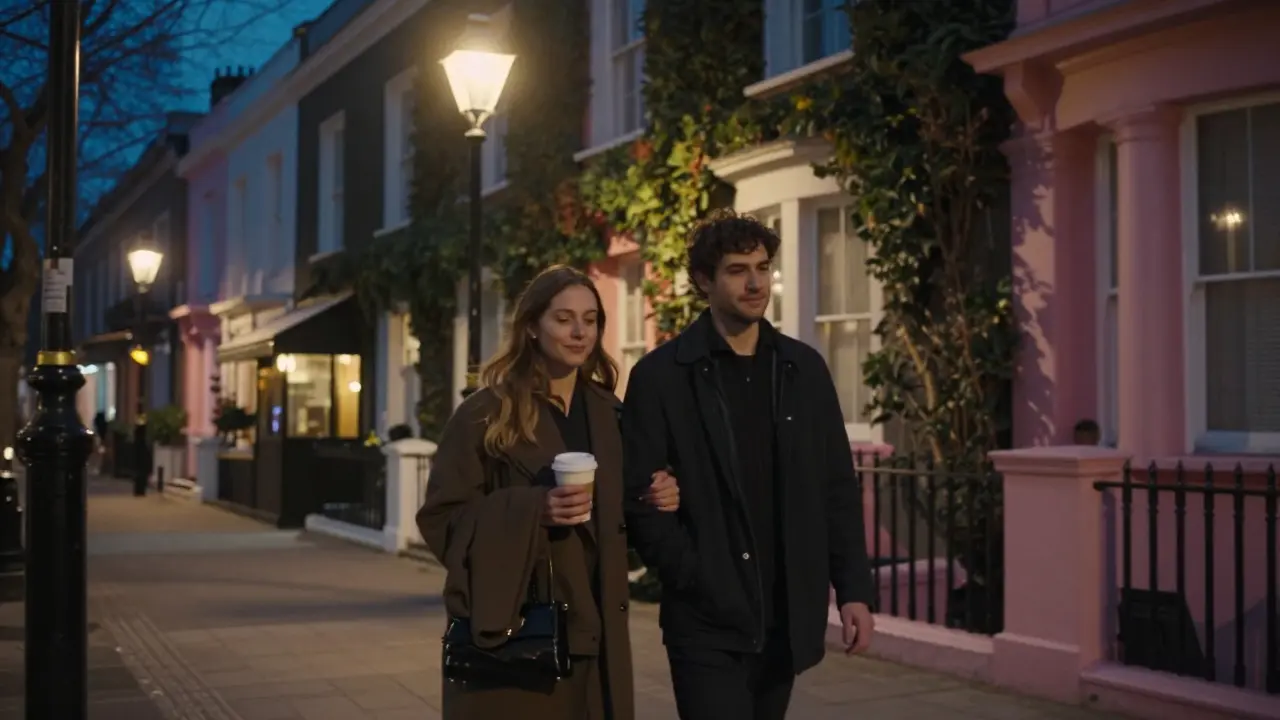 Couple walking peacefully through pastel-lit Notting Hill streets late at night.