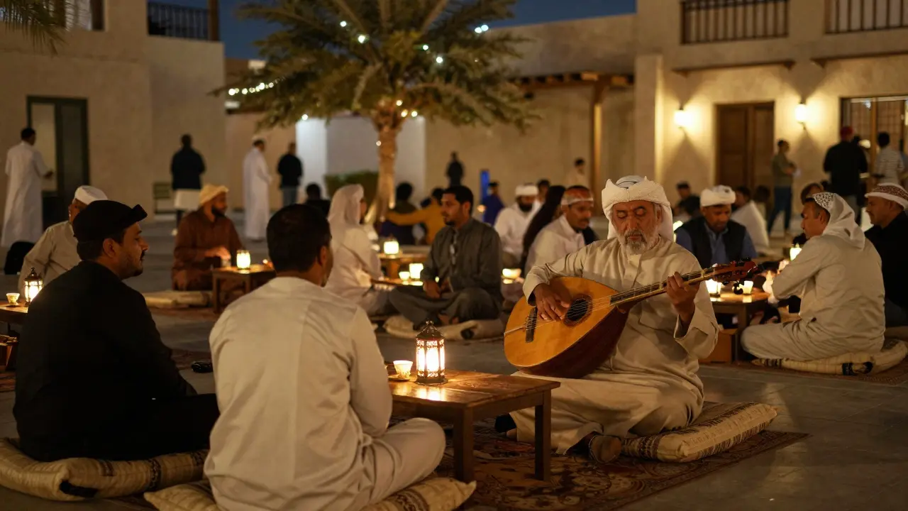 Courtyard with live Arabic music, people listening to oud and daf under lantern glow.