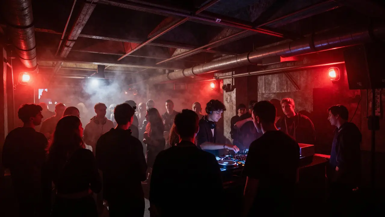 Crowd dancing in a dim industrial club under railway tracks, deep techno music pulsing through concrete walls.