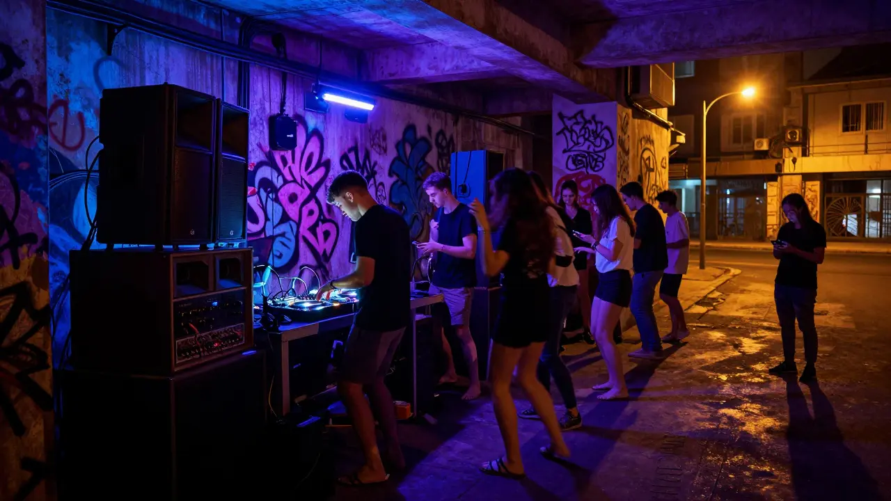 Crowd dancing in a secret underground club in Üsküdar, with neon lights and hand-built speakers.