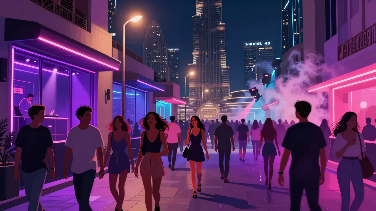 Crowds of diverse people entering neon-lit clubs in downtown Dubai, vibrant lights and motion capturing nighttime energy.
