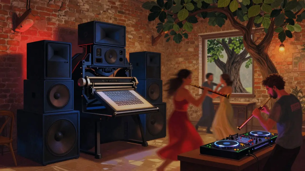 Dancers in a converted printing press bar blending Ottoman music with techno under dim red lights.