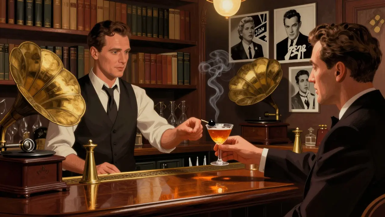 Dim speakeasy bar with noir film stills on walls and bartender serving a cocktail with a black olive.