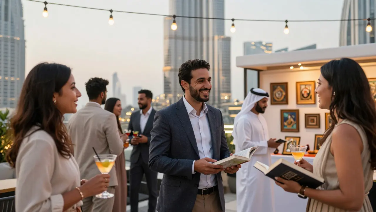 Diverse group of expats socializing at a Dubai rooftop lounge with city skyline in the background.