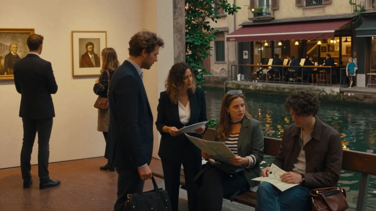 Diverse individuals in Milan, each subtly connected to a companion, finding belonging in quiet moments.