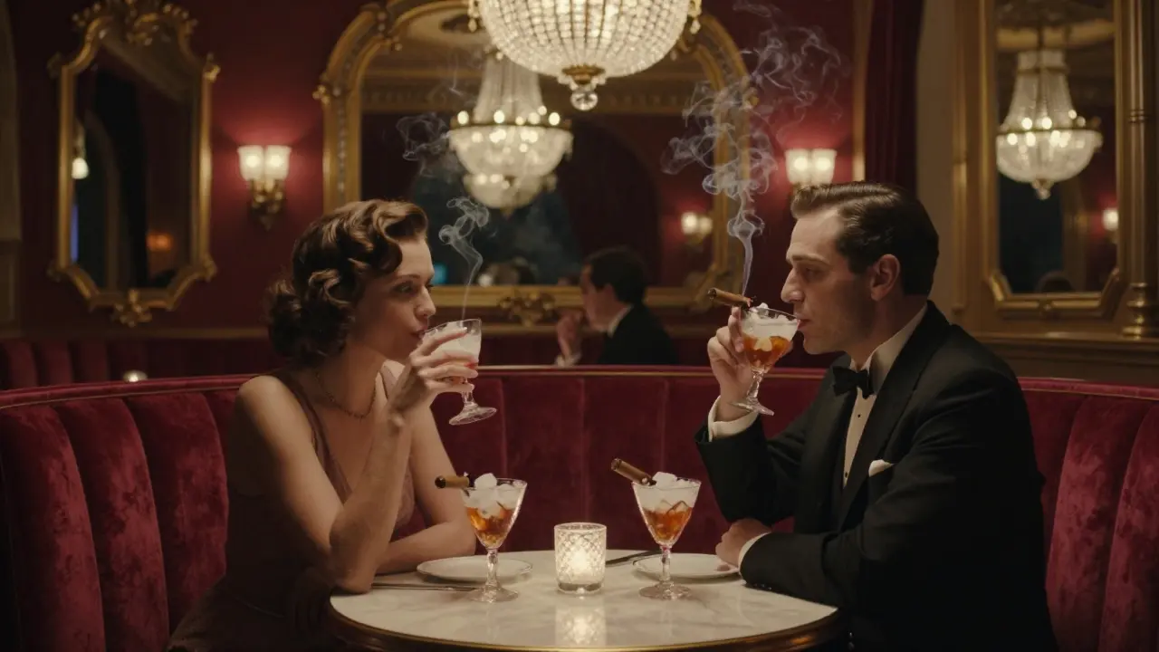 Elegant couple sipping cocktails in a velvet-and-gold lounge inside Monte Carlo Casino.