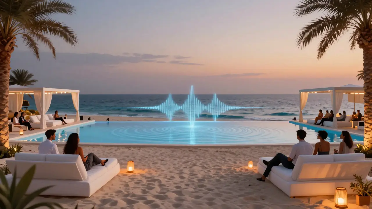 Elegant guests at White Beach Dubai lounging by infinity pool as sun sets over the sea.