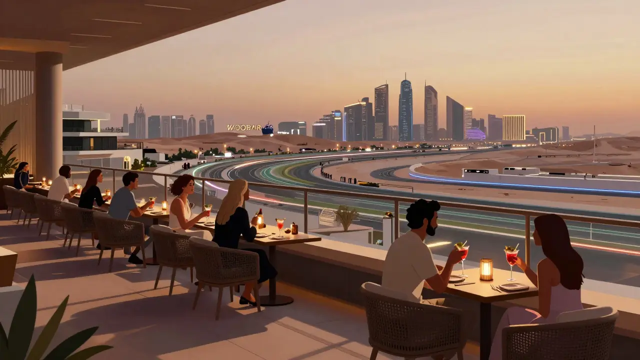 Elegant rooftop bar with guests enjoying cocktails and a view of a lit racetrack and city skyline.