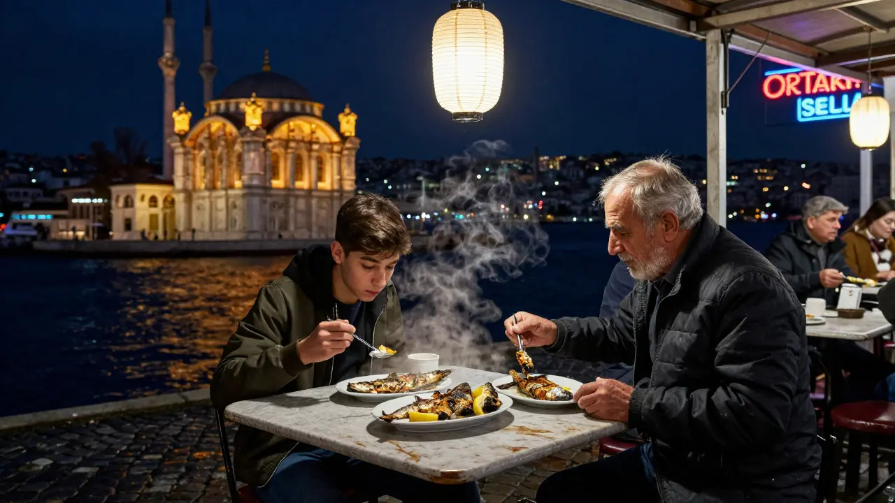 Grandfather and grandson eating grilled trout at a late-night seafood stall in Ortaköy, mosque glowing in the distance.