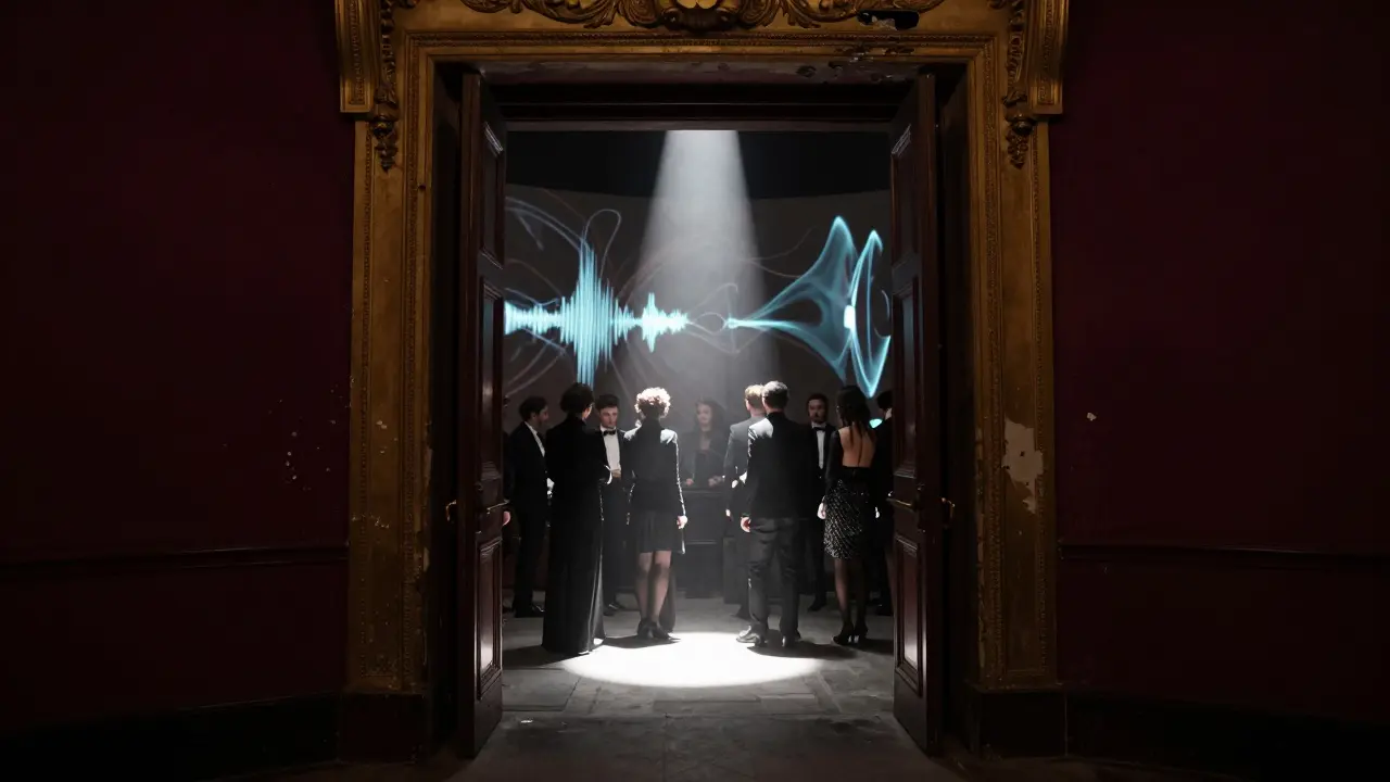 Hidden entrance to a secret theater club with pulsing light and elegantly dressed patrons stepping inside.